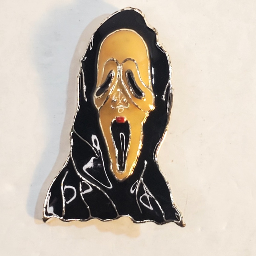 Vintage Signed SFJ Metal Enamel Ghost Face Scary Scream Halloween Brooch Pin